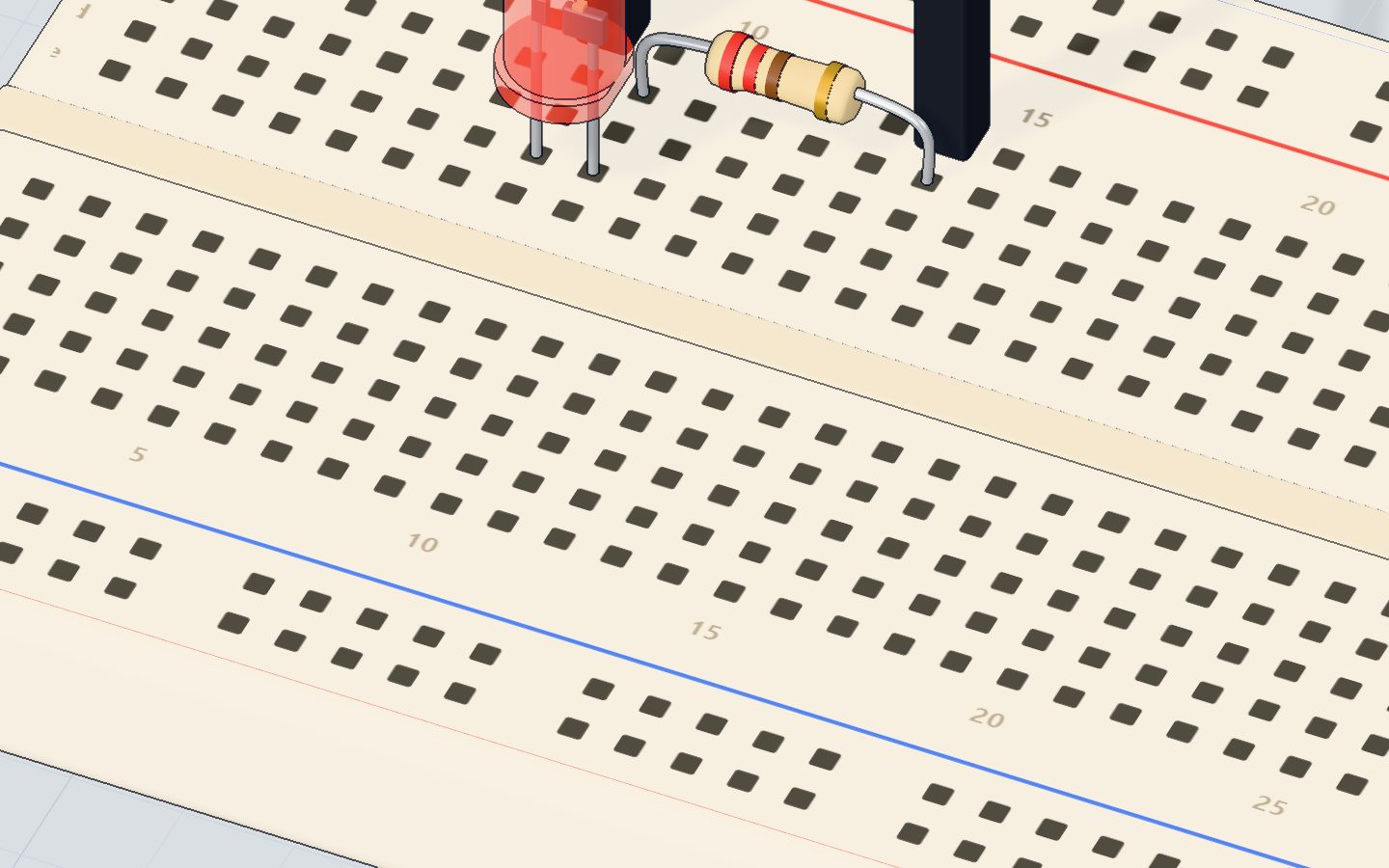 Close-up of the LED and resistor on the breadboard