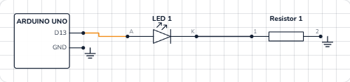 Schematic of the Blink circuit: UNO pin D13 to the LED, LED to resistor, resistor to GND