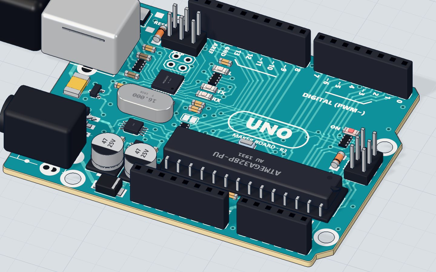 Close-up of the Arduino UNO with the L LED next to pin 13 lit