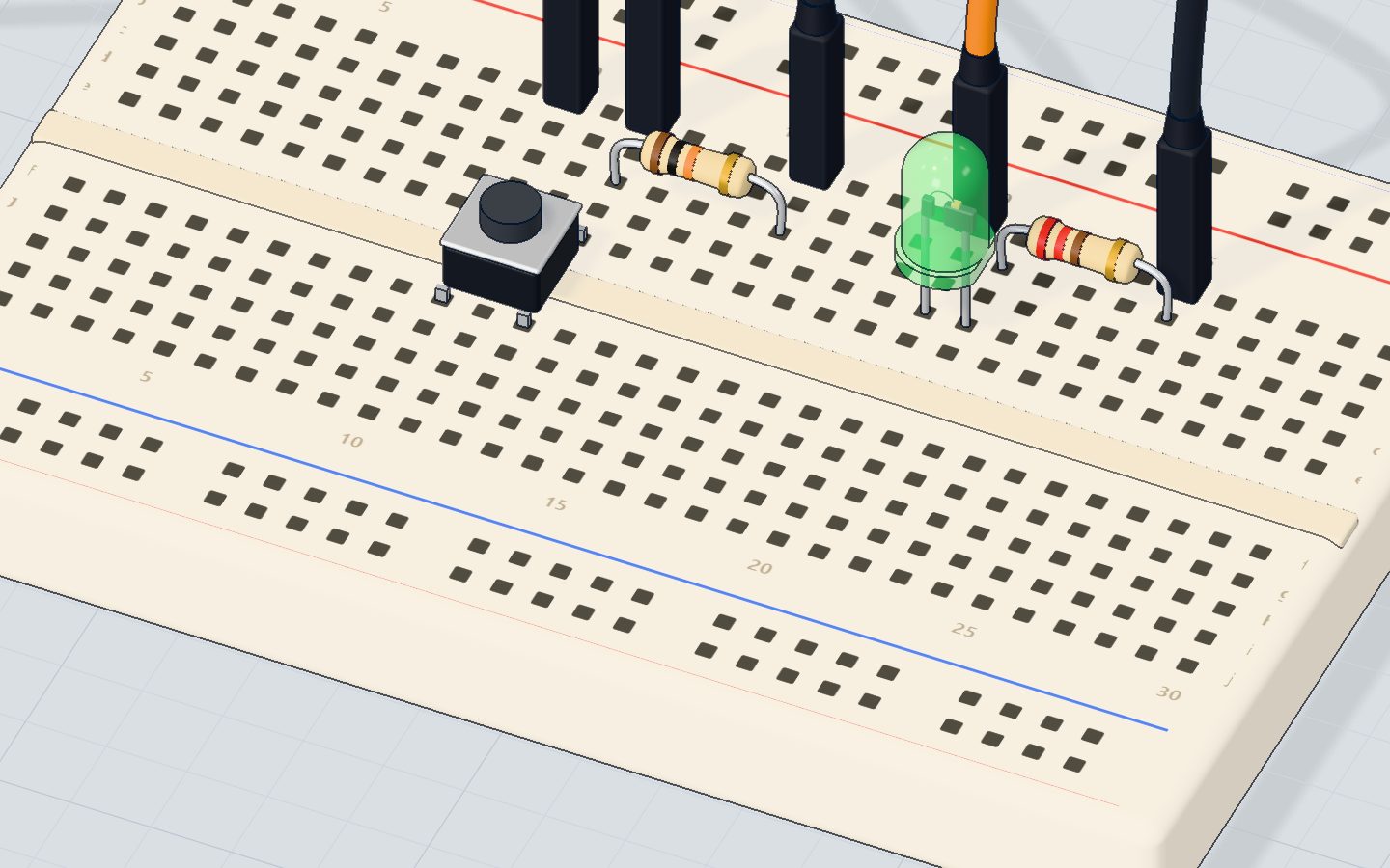 A breadboard in 3D with a button, a resistor and an LED