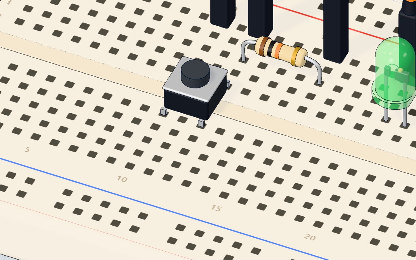 Close-up of the push button across the breadboard's middle gap with the 10 kΩ resistor beside it