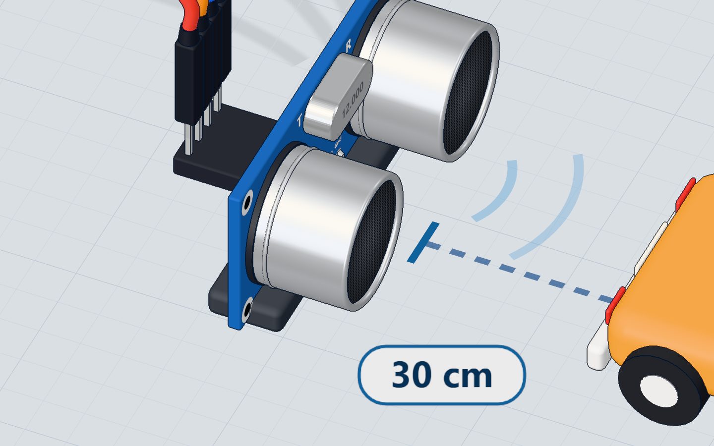 Close-up of the HC-SR04 sensor sending a pulse toward the toy car