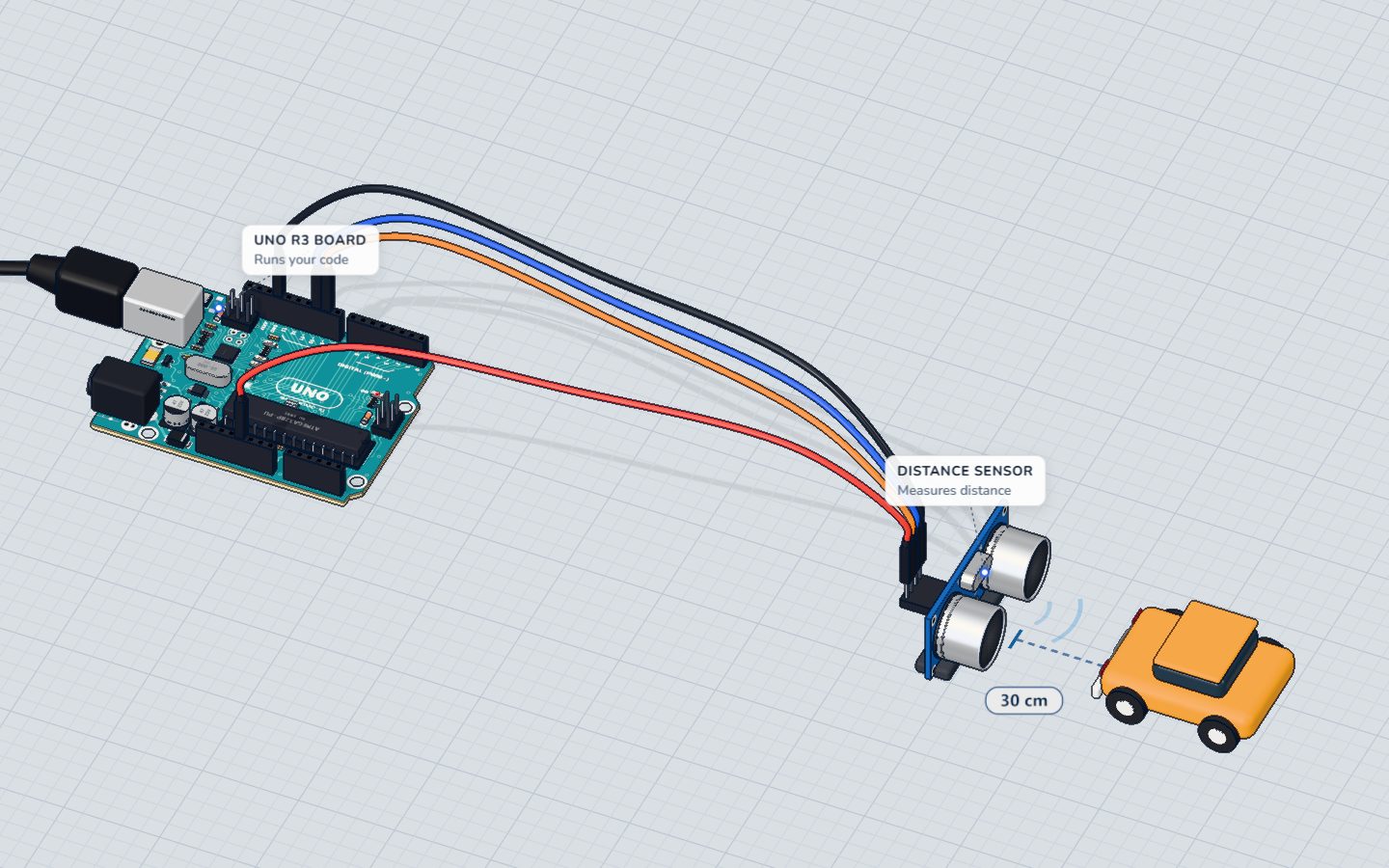VCC to 5V, GND to GND — the HC-SR04 wired the right way round