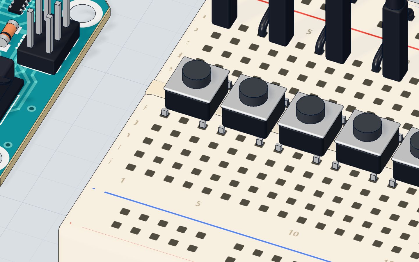 Close-up of the eight push buttons in a row across the breadboard's middle gap