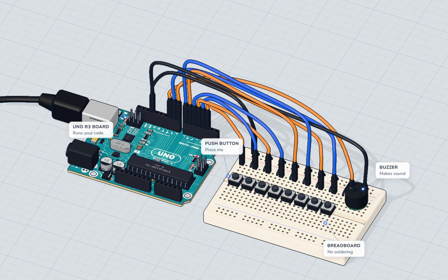 An Arduino UNO wired to eight push buttons in a row and a passive buzzer on a breadboard, like a little keyboard