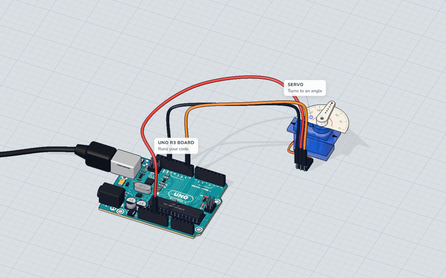 An Arduino UNO wired to an SG90 micro servo with its horn sweeping across